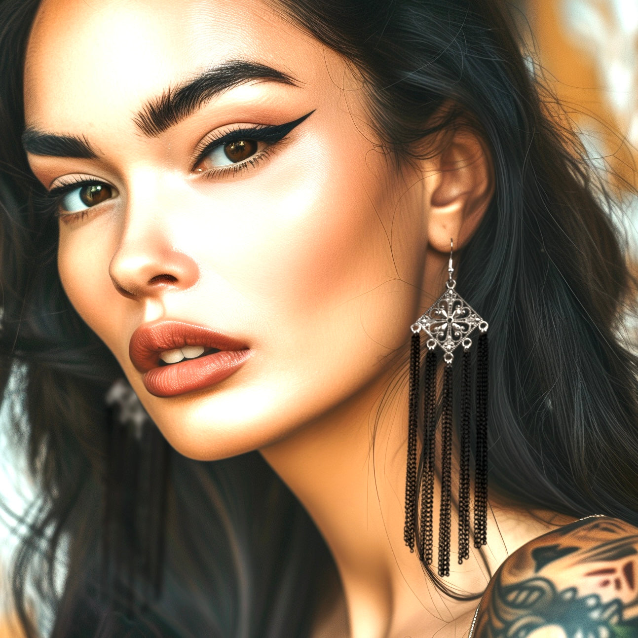 Tribal link earrings with black chains