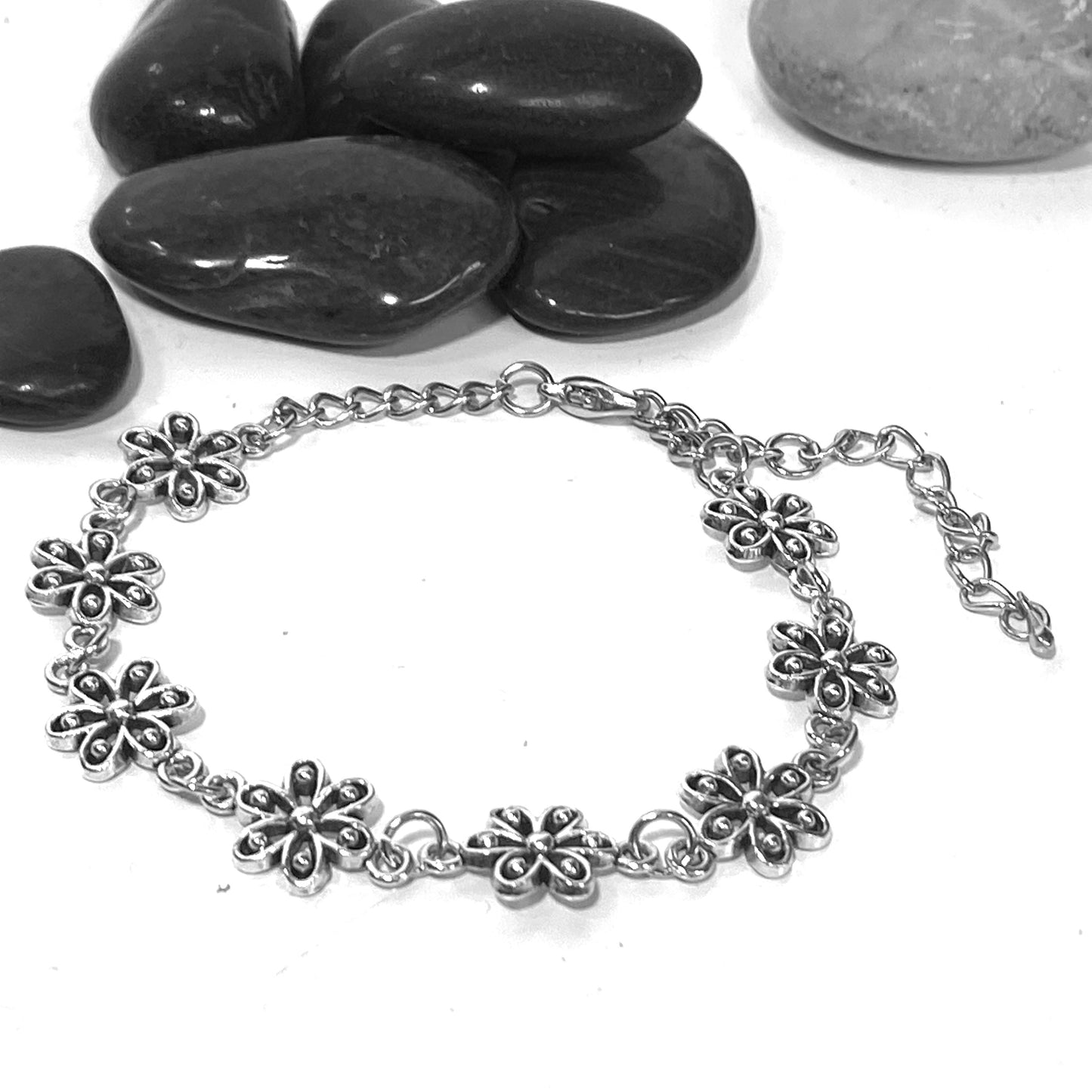 Fotlänk silver blommor