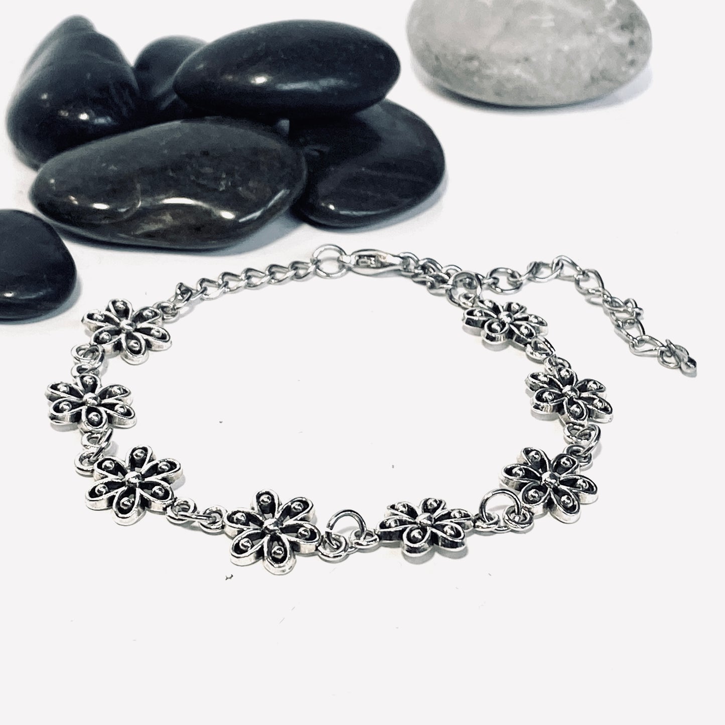 Fotlänk silver blommor