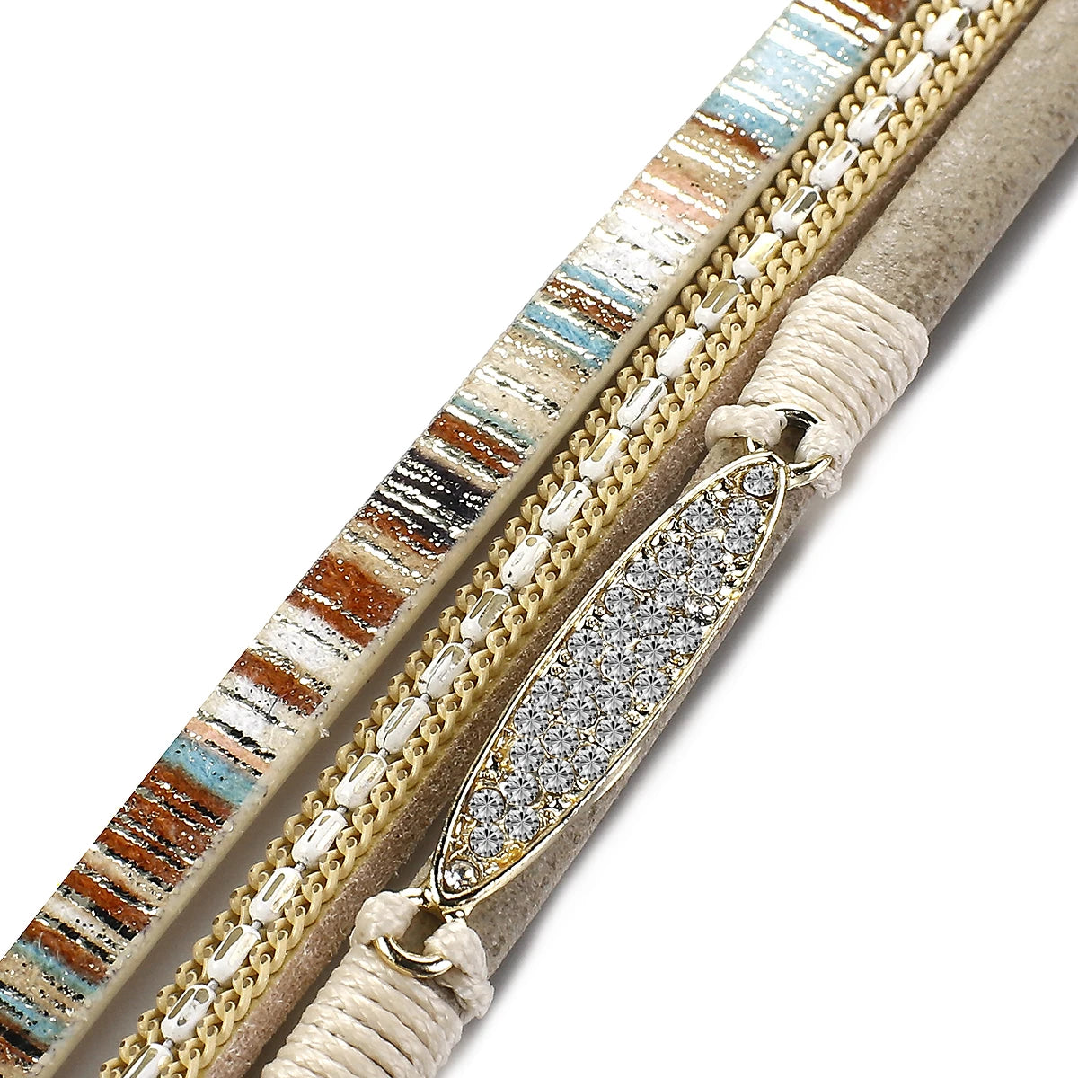 Randigt läder armband med strass länk