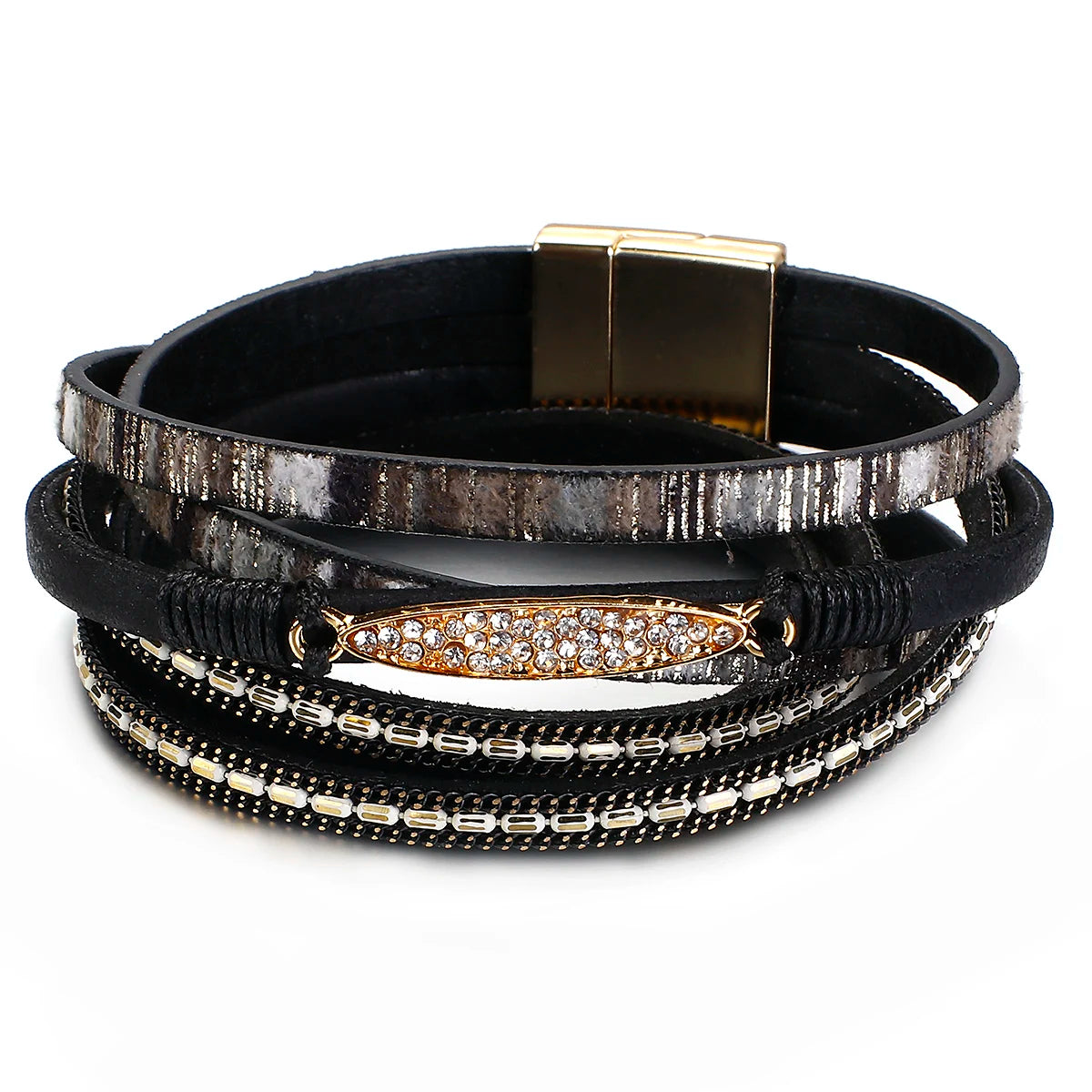 Randigt läder armband med strass länk