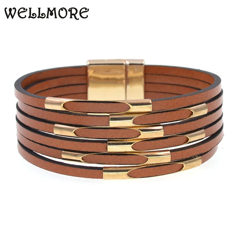 Läderarmband med guld metall och snaplock lås
