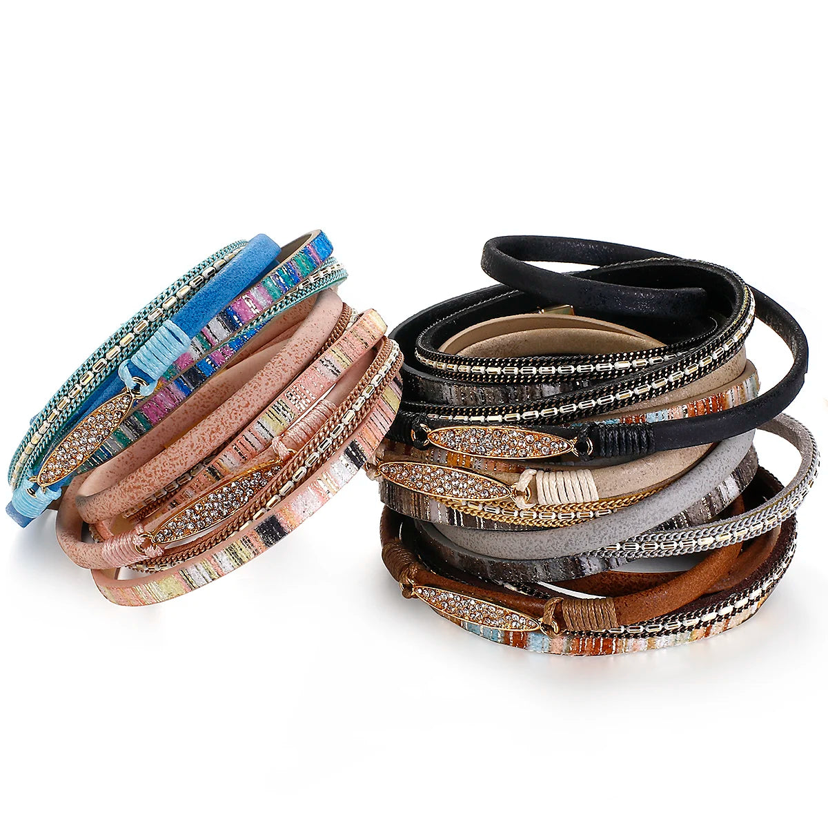 Randigt läder armband med strass länk