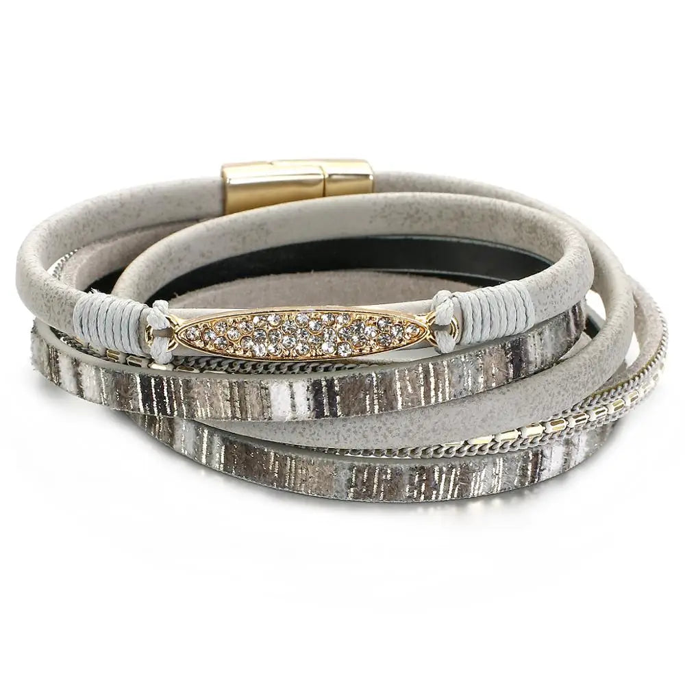Randigt läder armband med strass länk