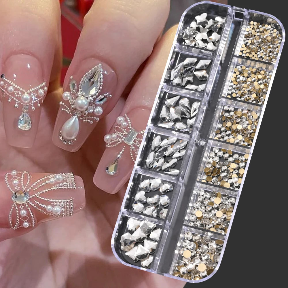 Box with rhinestones of different shapes