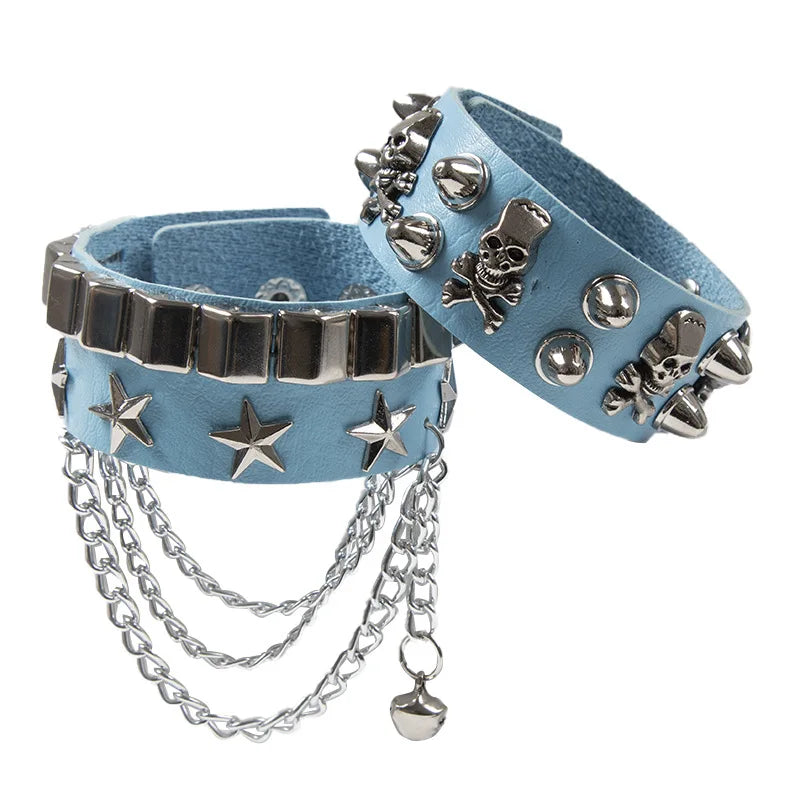 2set armband läder med kedja och nitar döskalle