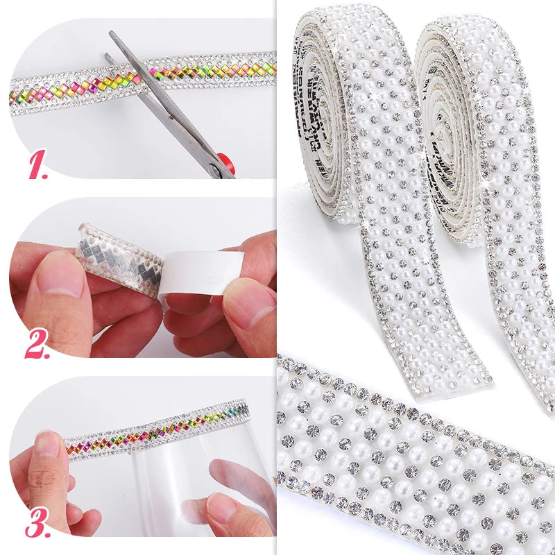 Ribbon with white pearls and rhinestones