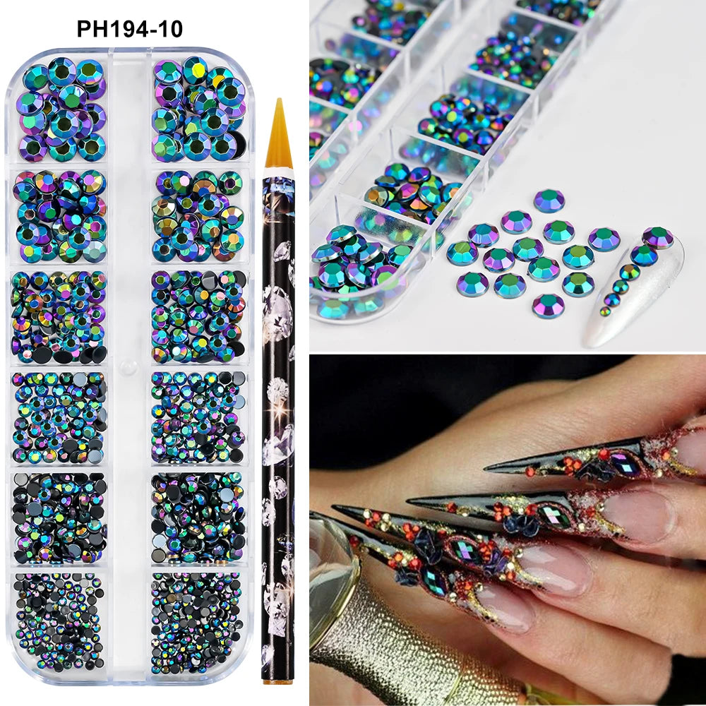 Box with rhinestones of different shapes