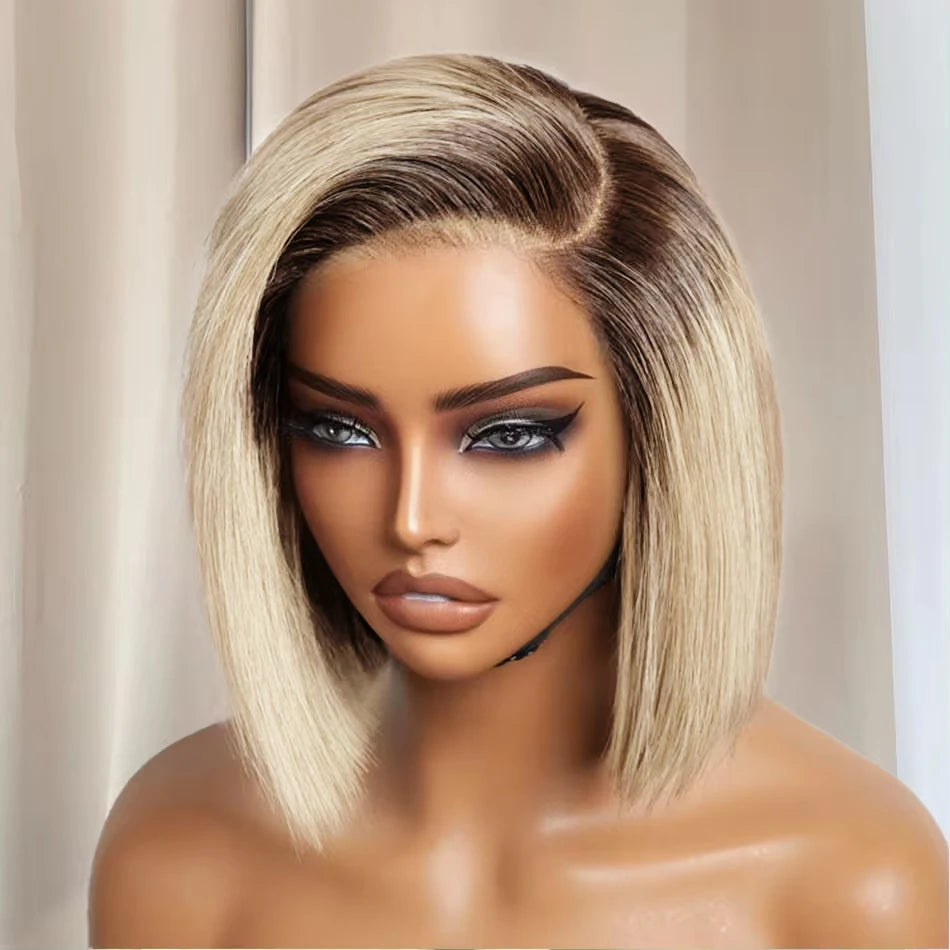 Straight blonde bob hairstyle in real hair