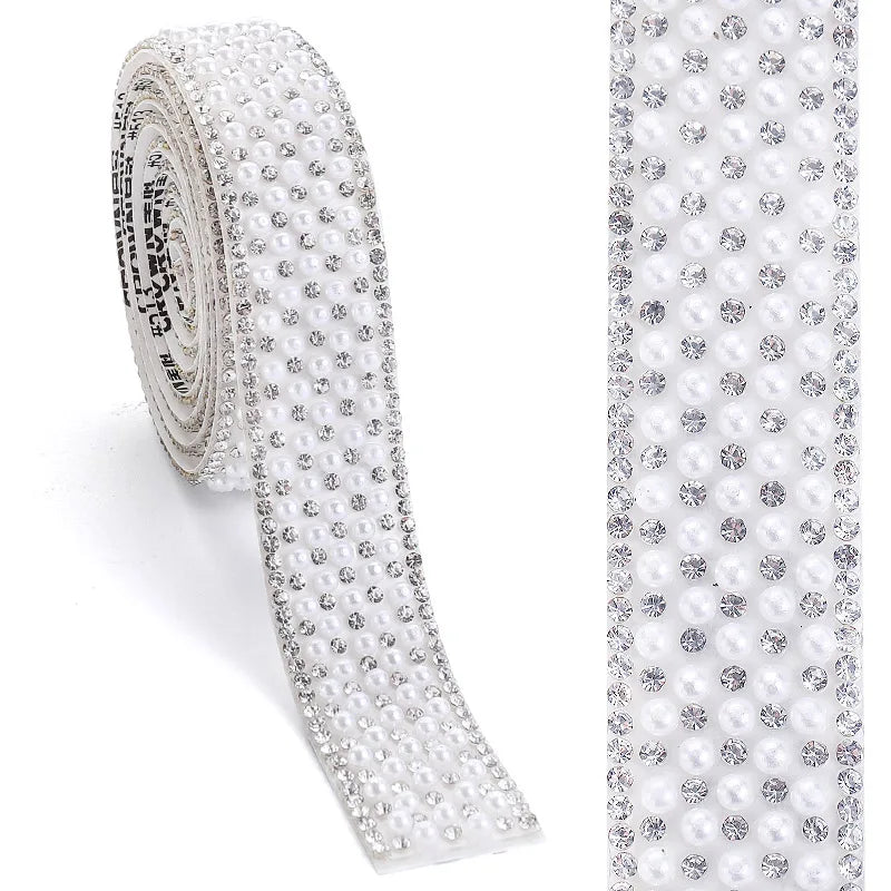 Ribbon with white pearls and rhinestones