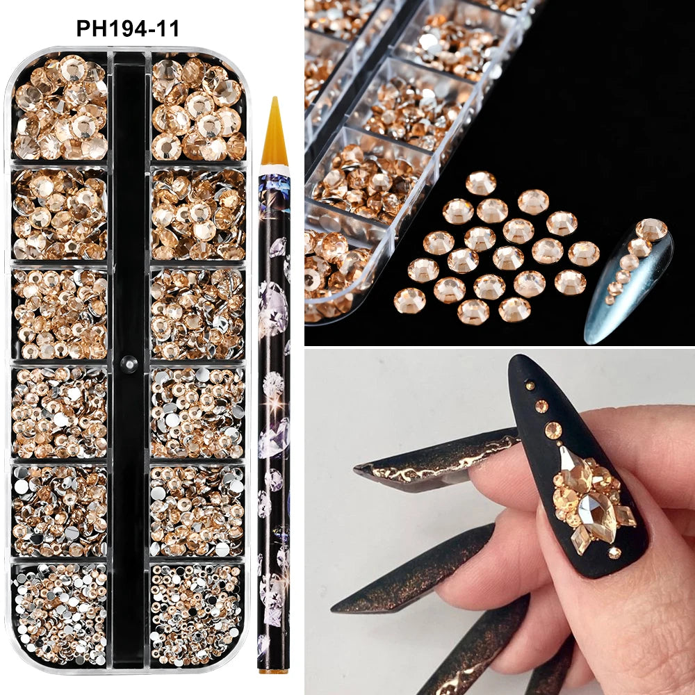 Box with rhinestones of different shapes
