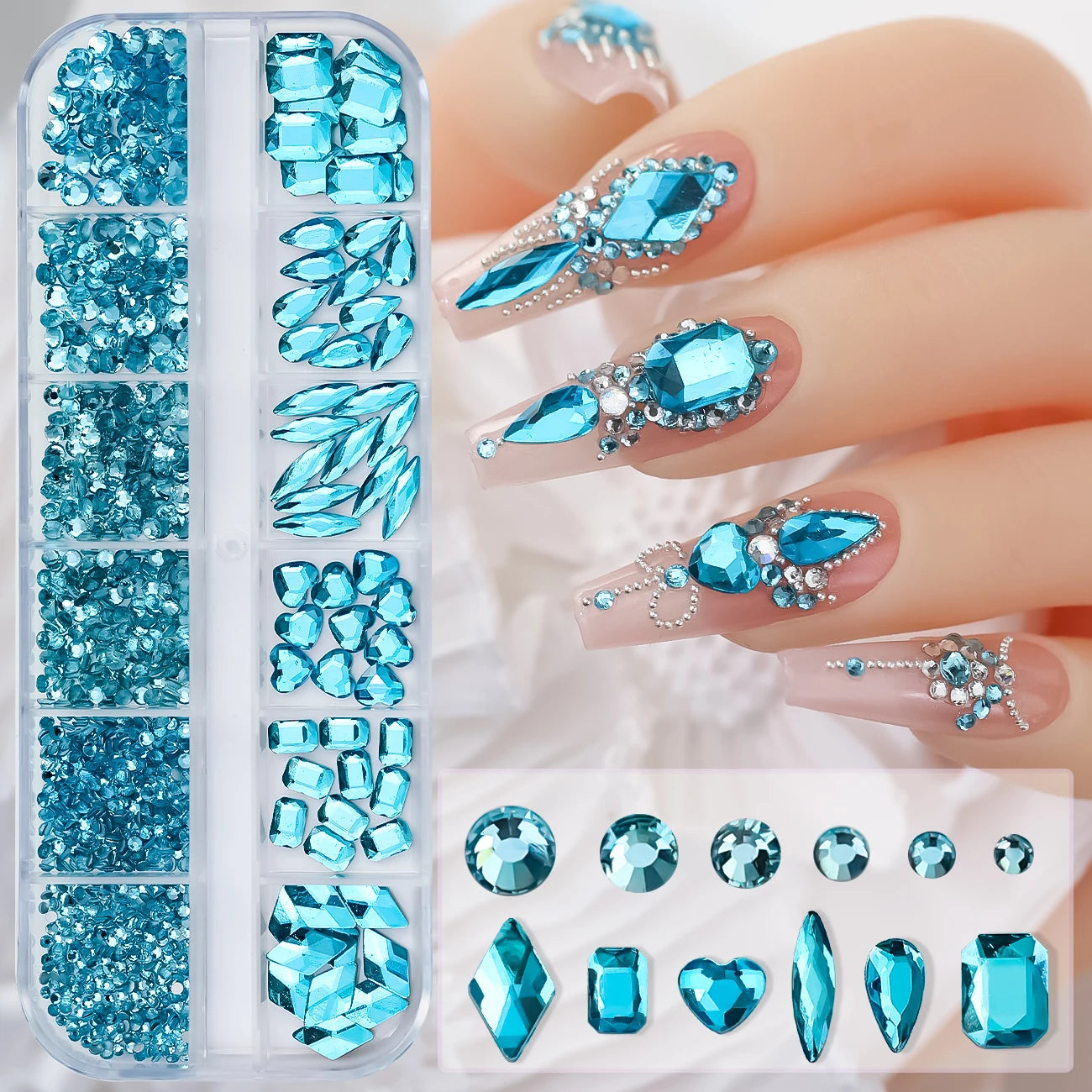 Box with rhinestones of different shapes
