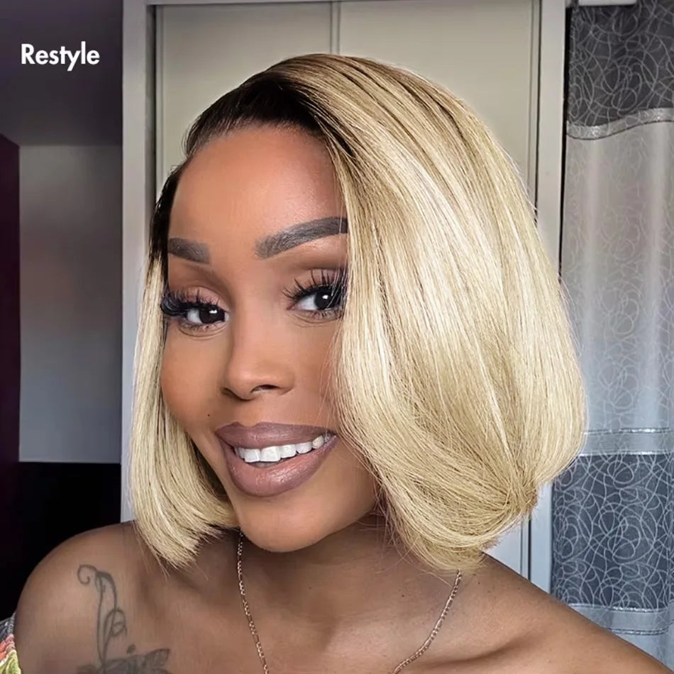 Straight blonde bob hairstyle in real hair