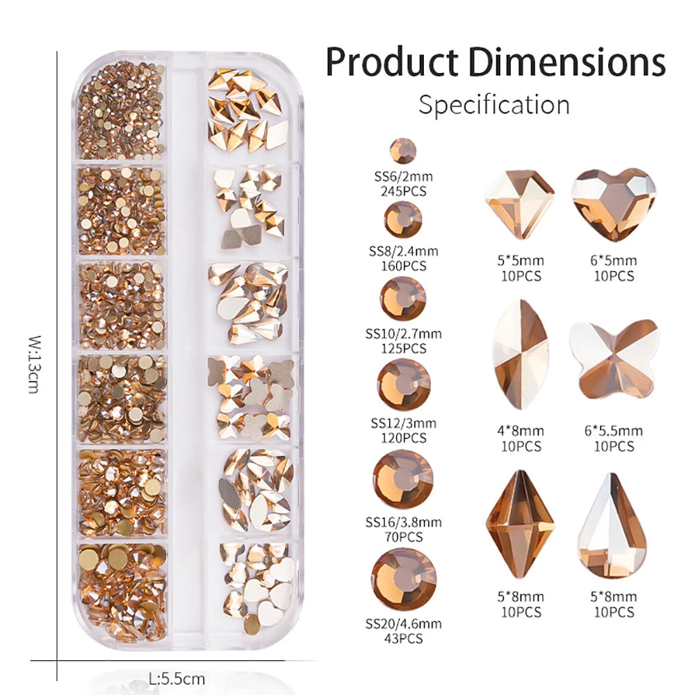 Box with rhinestones of different shapes