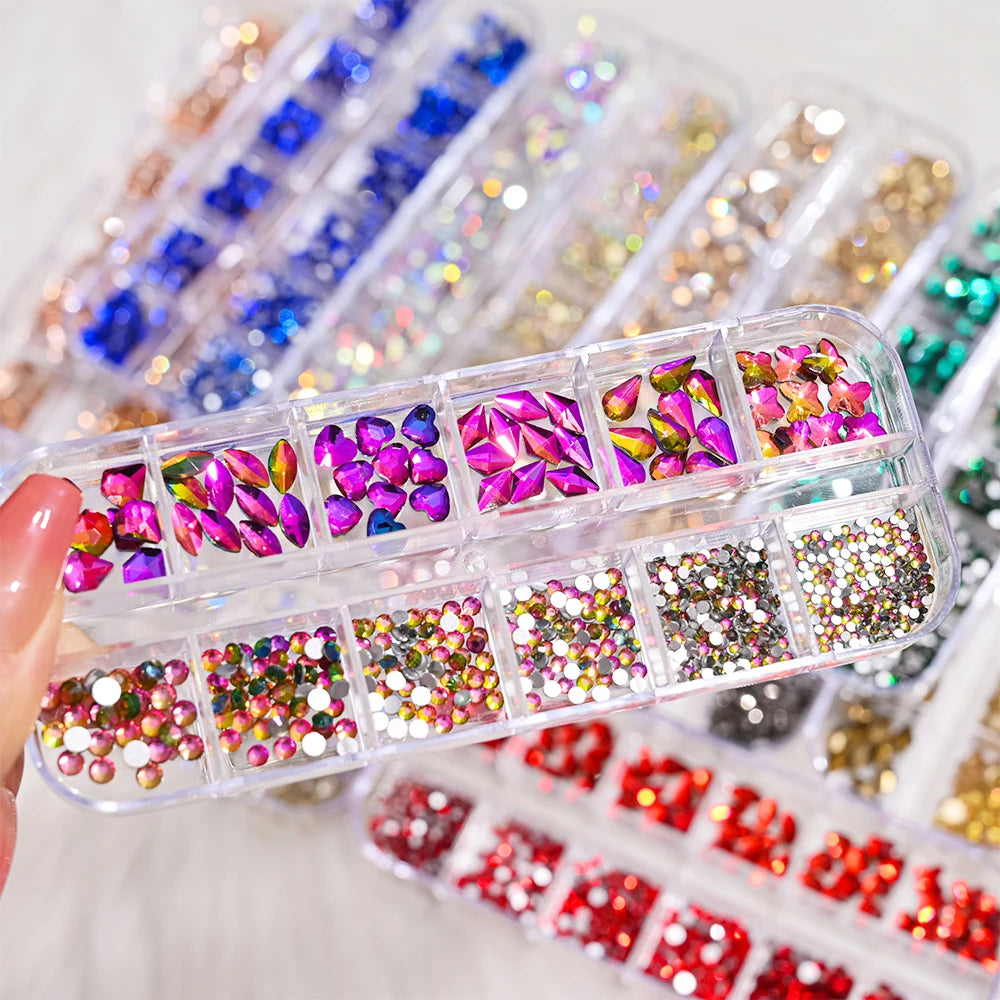 Box with rhinestones of different shapes