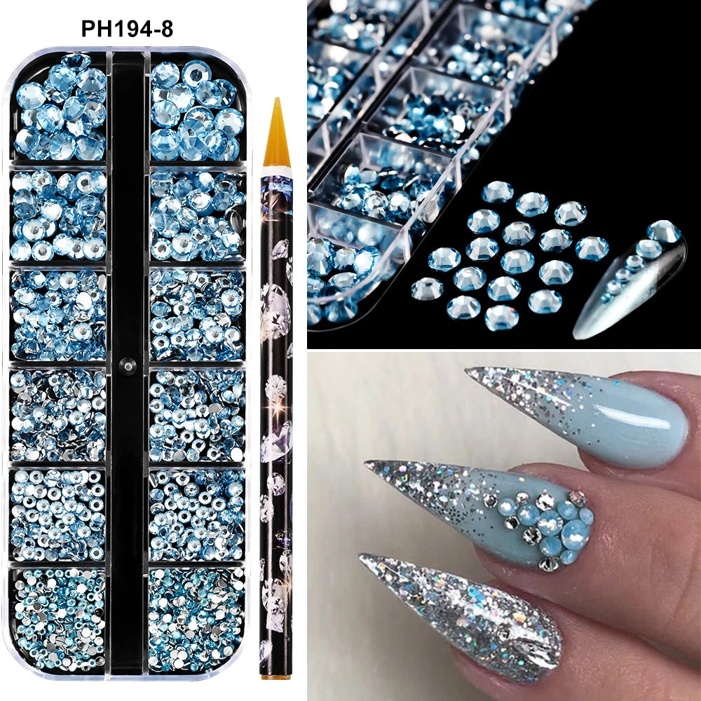 Box with rhinestones of different shapes