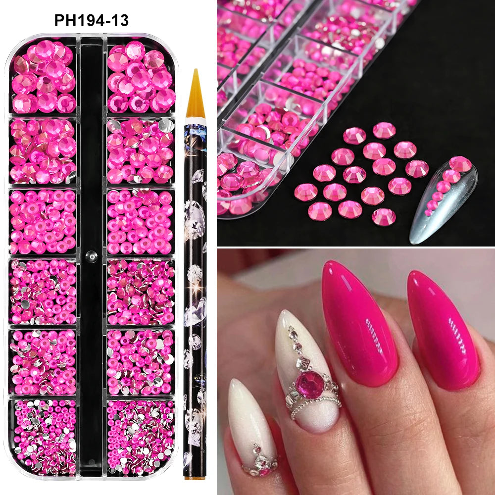 Box with rhinestones of different shapes