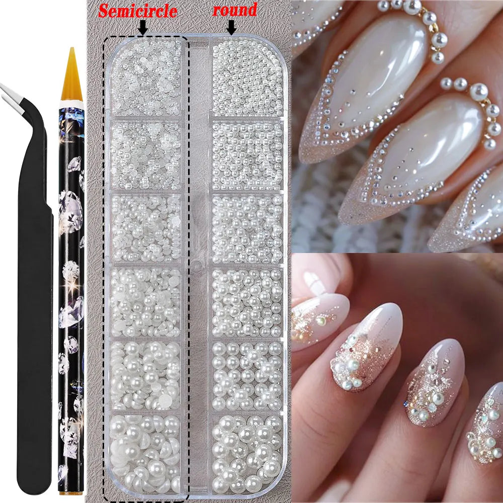Låda med små pearls eller strass stenar med verktyg