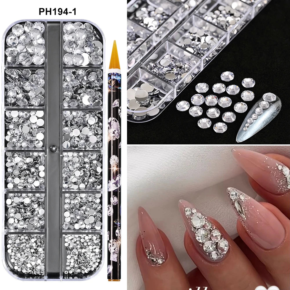 Box with rhinestones of different shapes