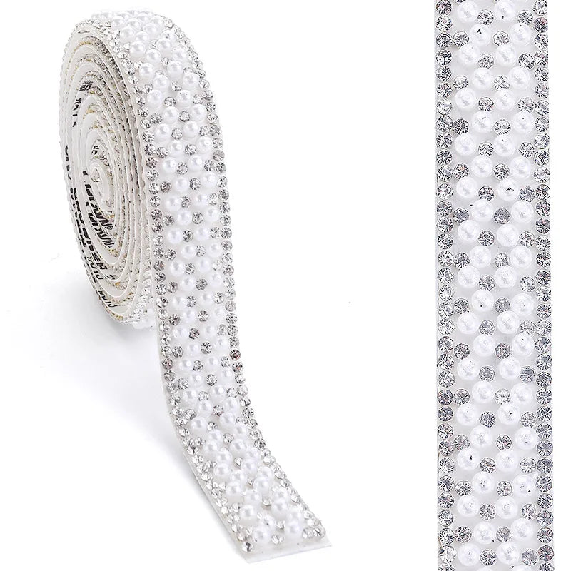 Ribbon with white pearls and rhinestones