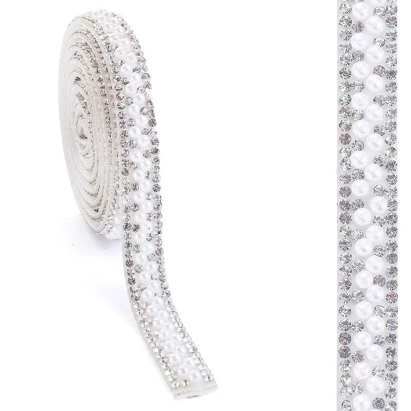 Ribbon with white pearls and rhinestones