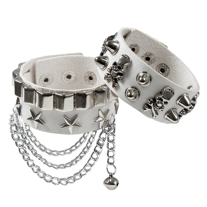 2set armband läder med kedja och nitar döskalle