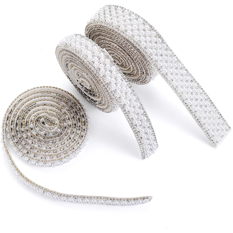 Ribbon with white pearls and rhinestones