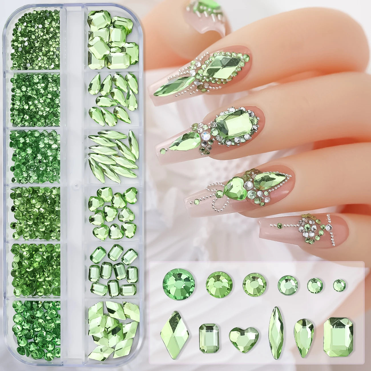 Box with rhinestones of different shapes