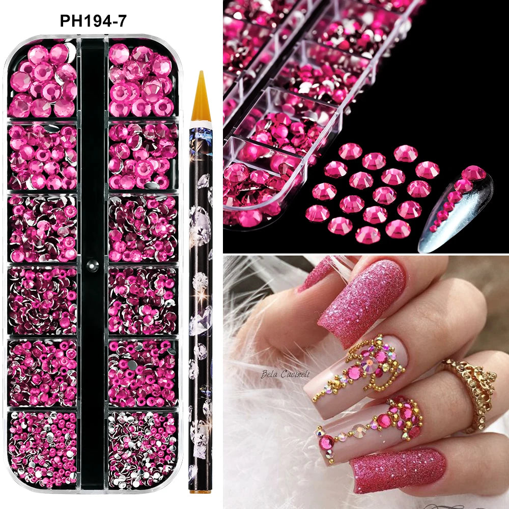 Box with rhinestones of different shapes