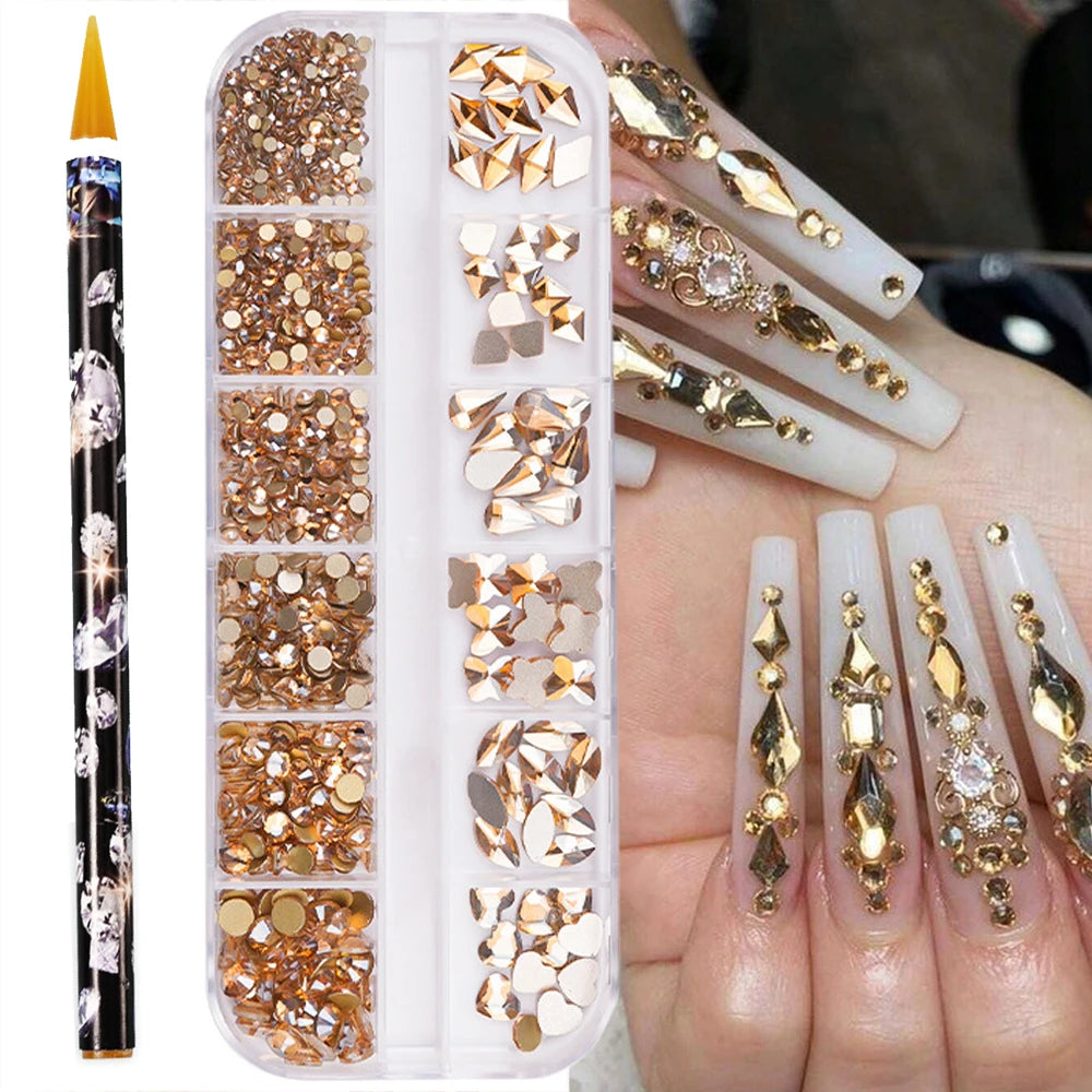 Box with rhinestones of different shapes