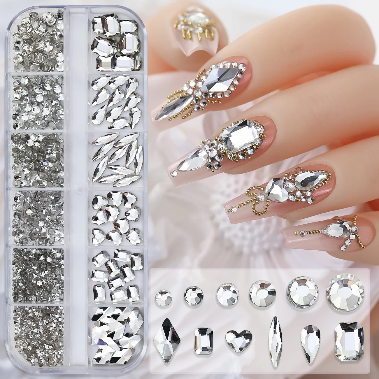 Box with rhinestones of different shapes