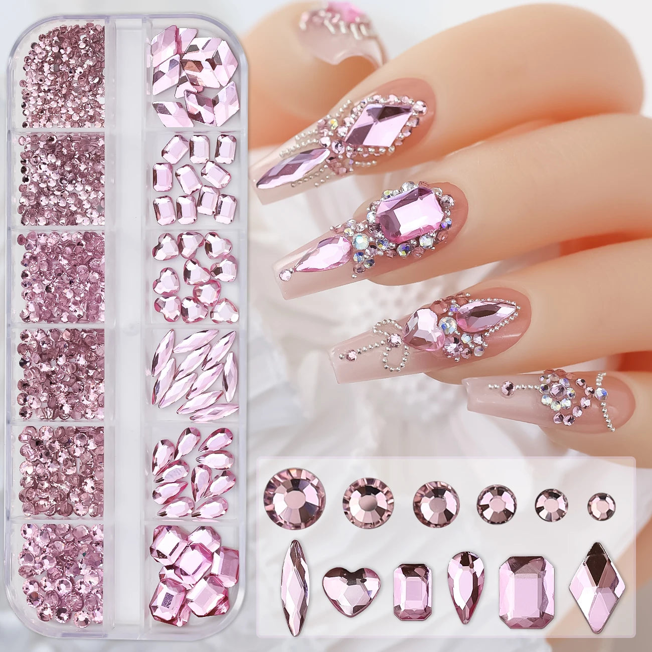 Box with rhinestones of different shapes
