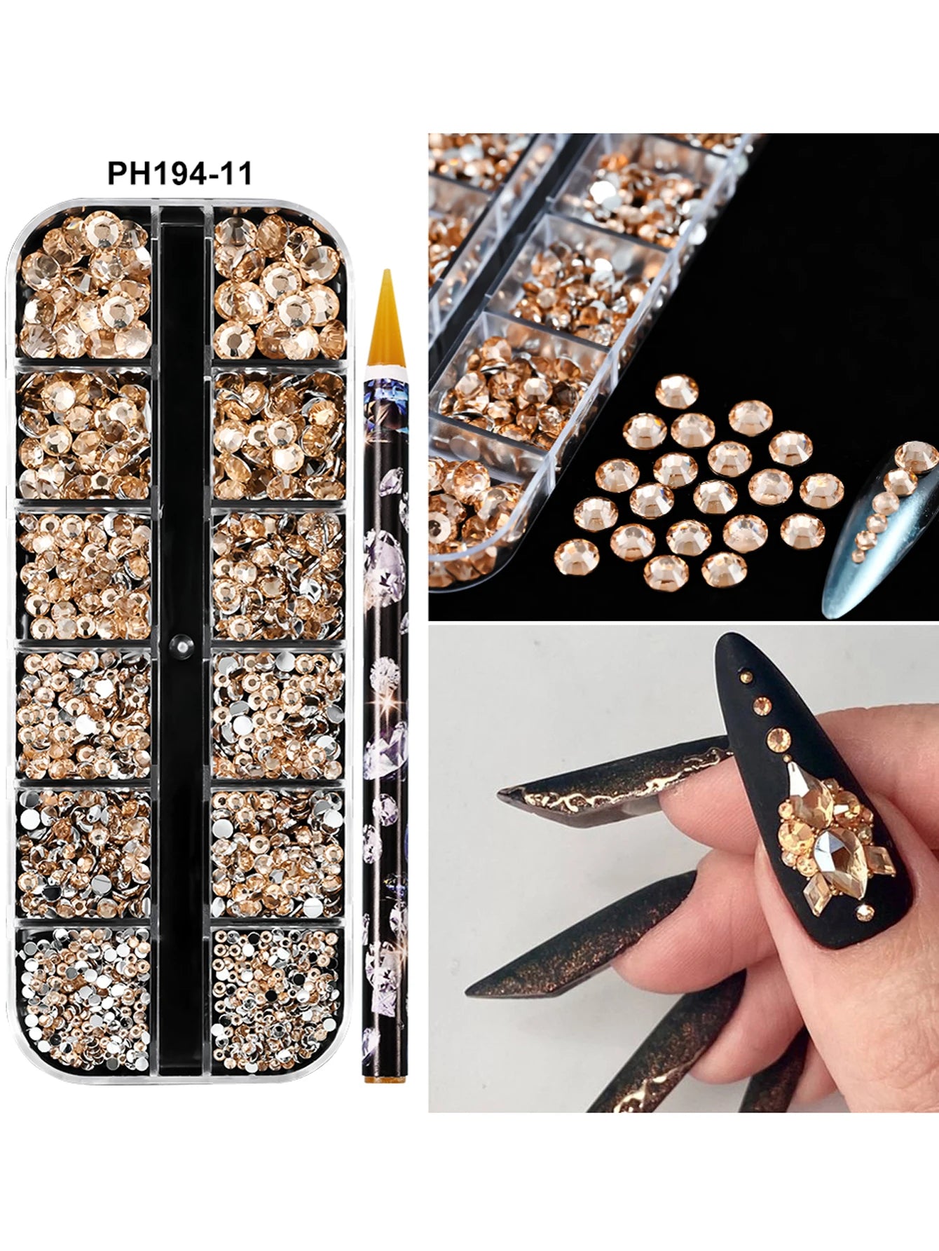 Box with rhinestones of different shapes