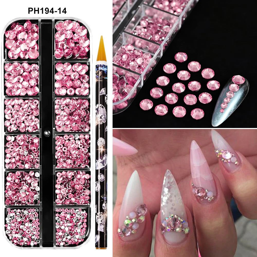 Box with rhinestones of different shapes