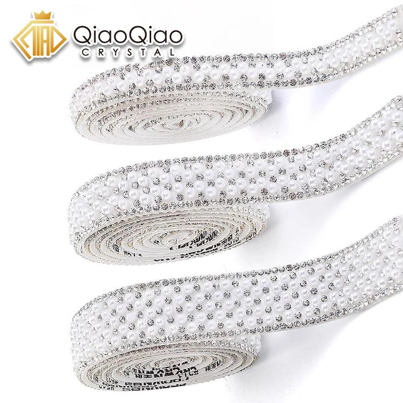 Ribbon with white pearls and rhinestones