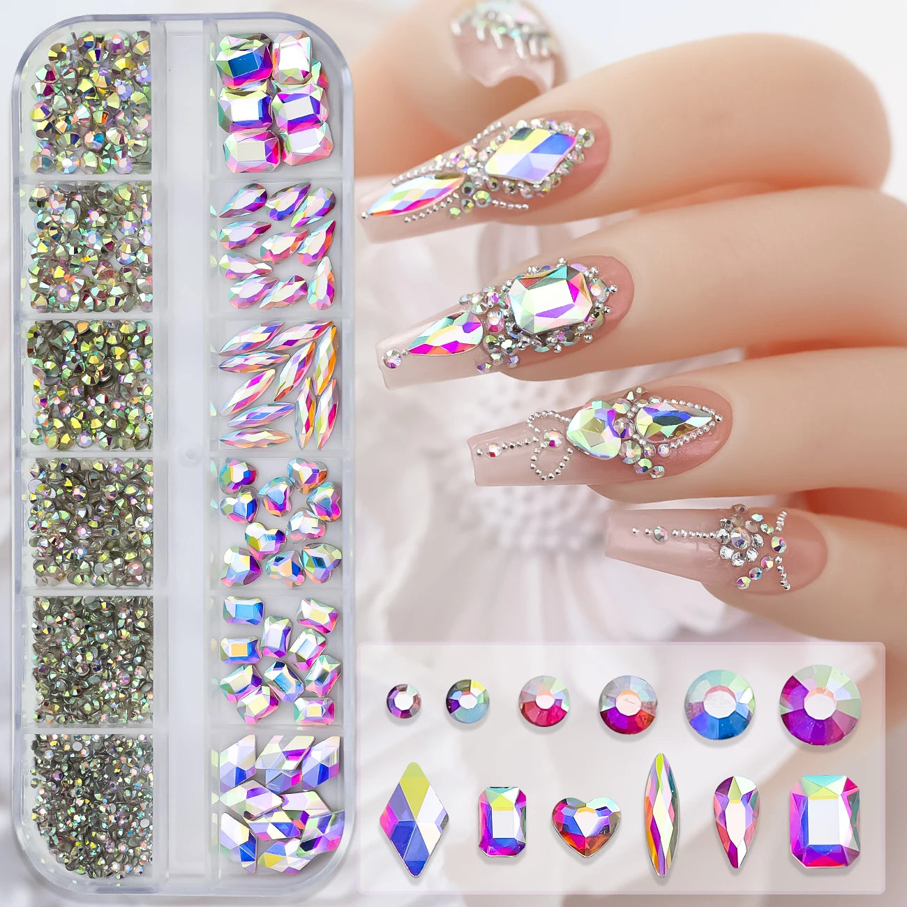 Box with rhinestones of different shapes