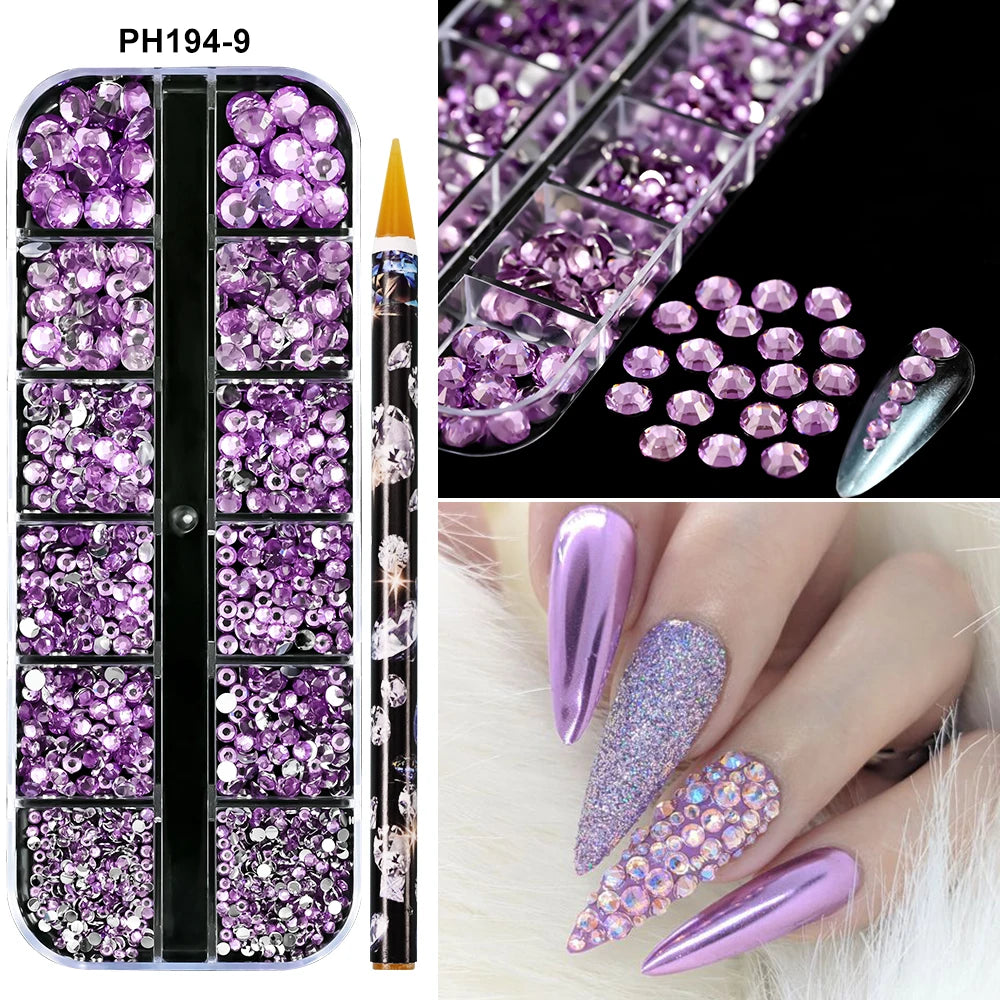 Box with rhinestones of different shapes