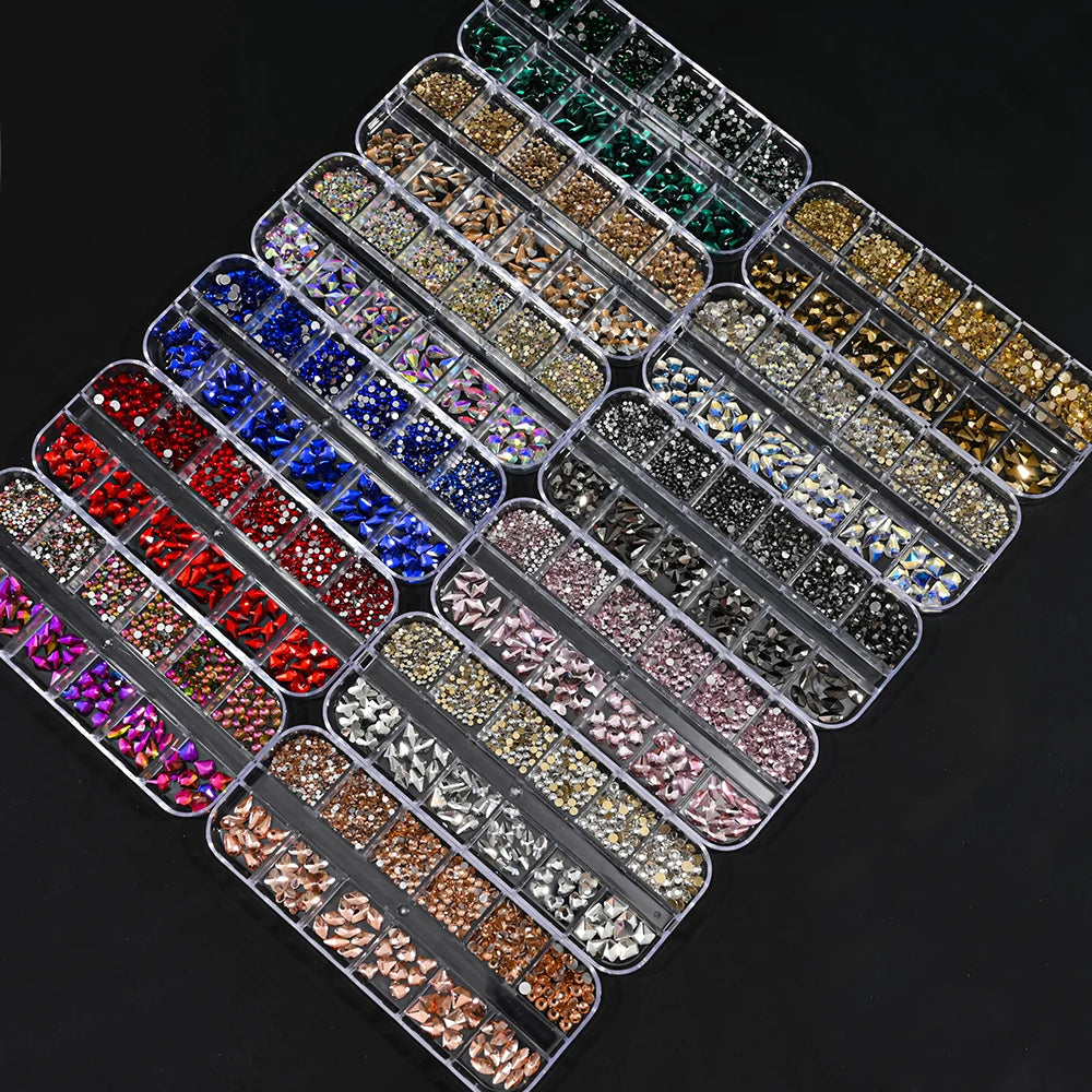 Box with rhinestones of different shapes