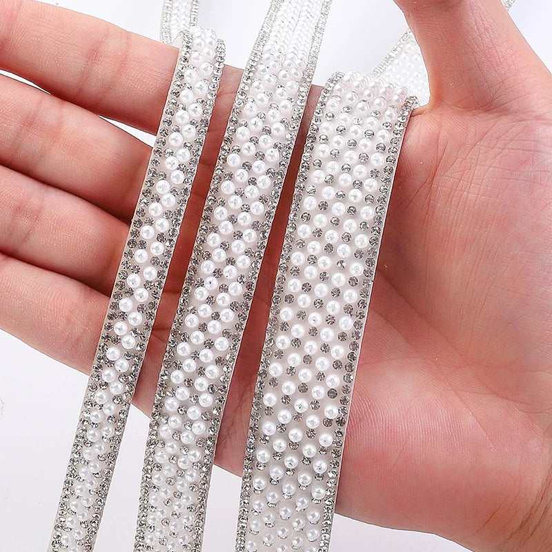 Ribbon with white pearls and rhinestones