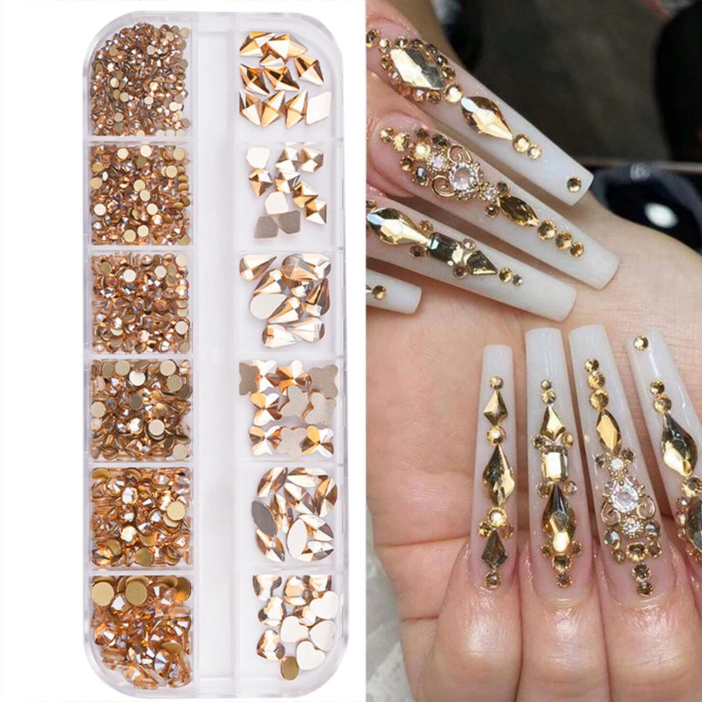 Box with rhinestones of different shapes