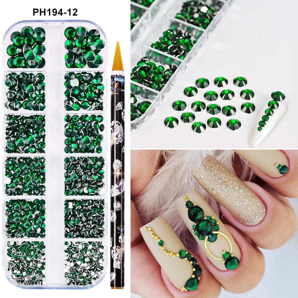 Box with rhinestones of different shapes