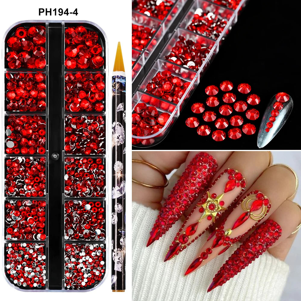 Box with rhinestones of different shapes