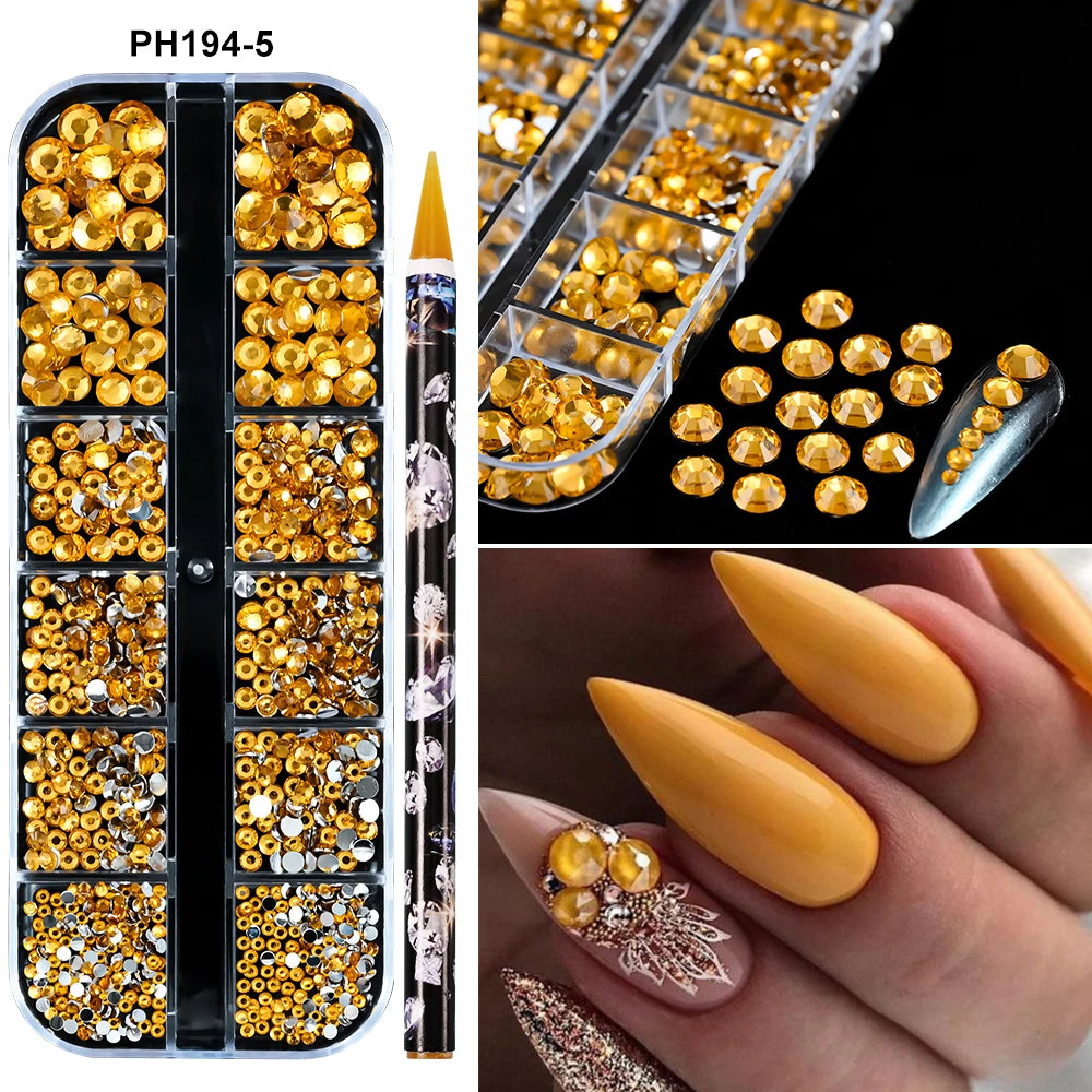 Box with rhinestones of different shapes
