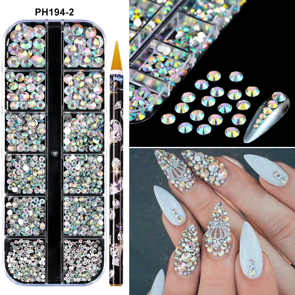 Box with rhinestones of different shapes