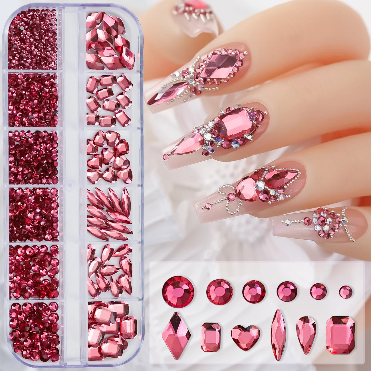 Box with rhinestones of different shapes