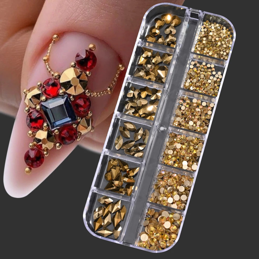 Box with rhinestones of different shapes