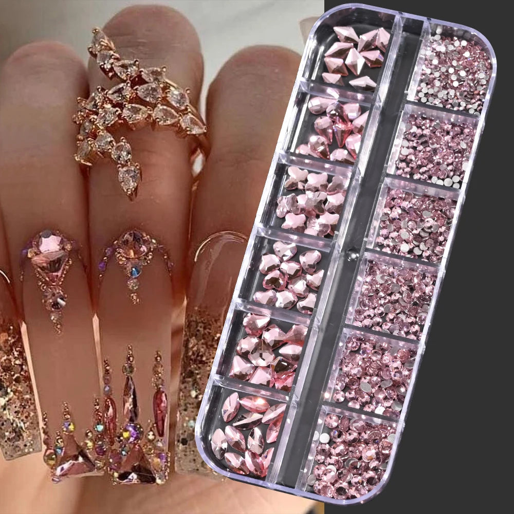 Box with rhinestones of different shapes