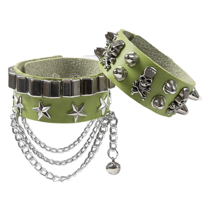 2set armband läder med kedja och nitar döskalle