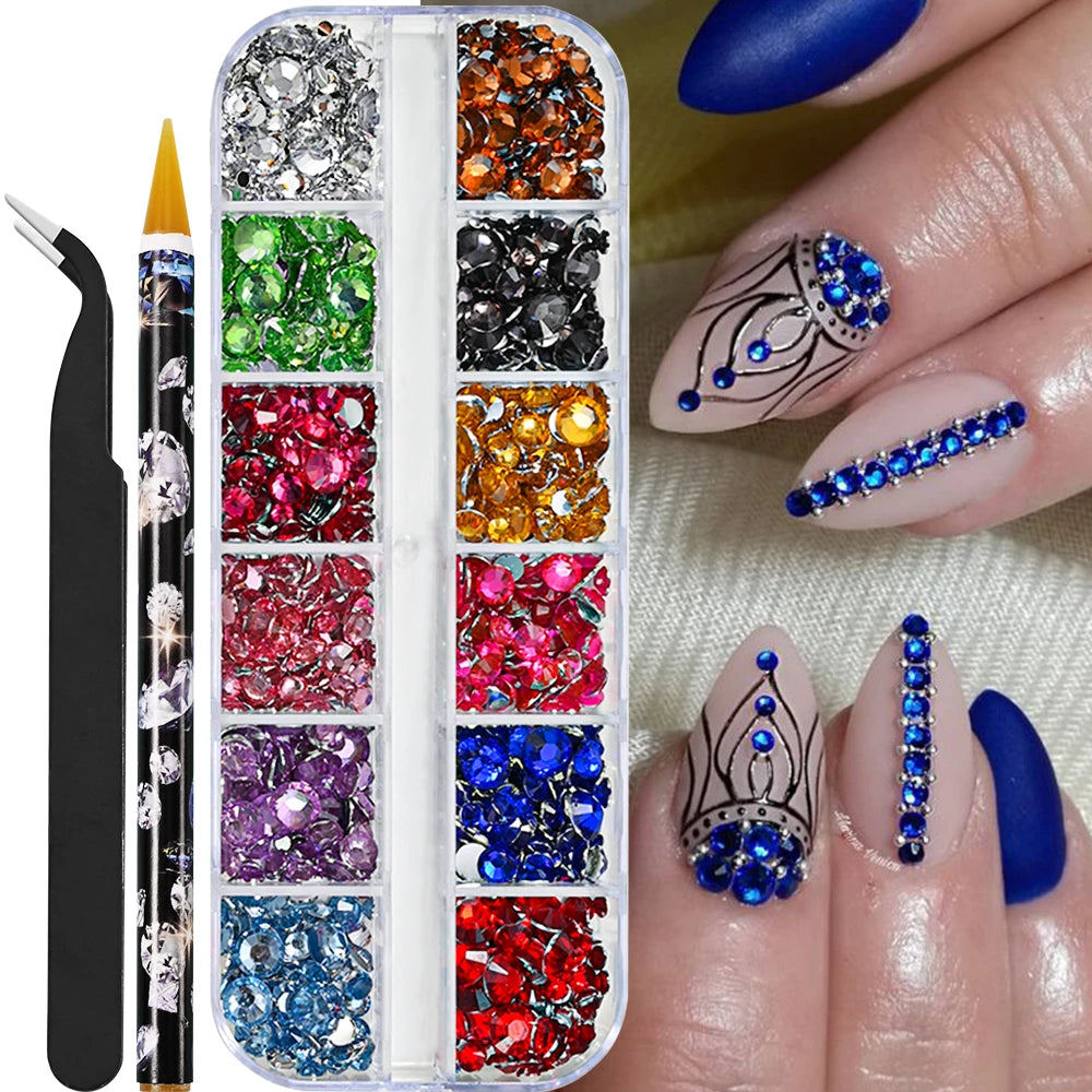 Låda med små pearls eller strass stenar med verktyg