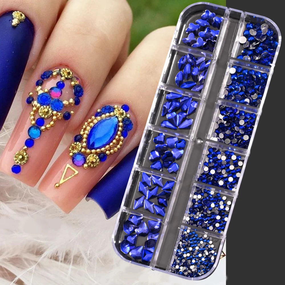 Box with rhinestones of different shapes